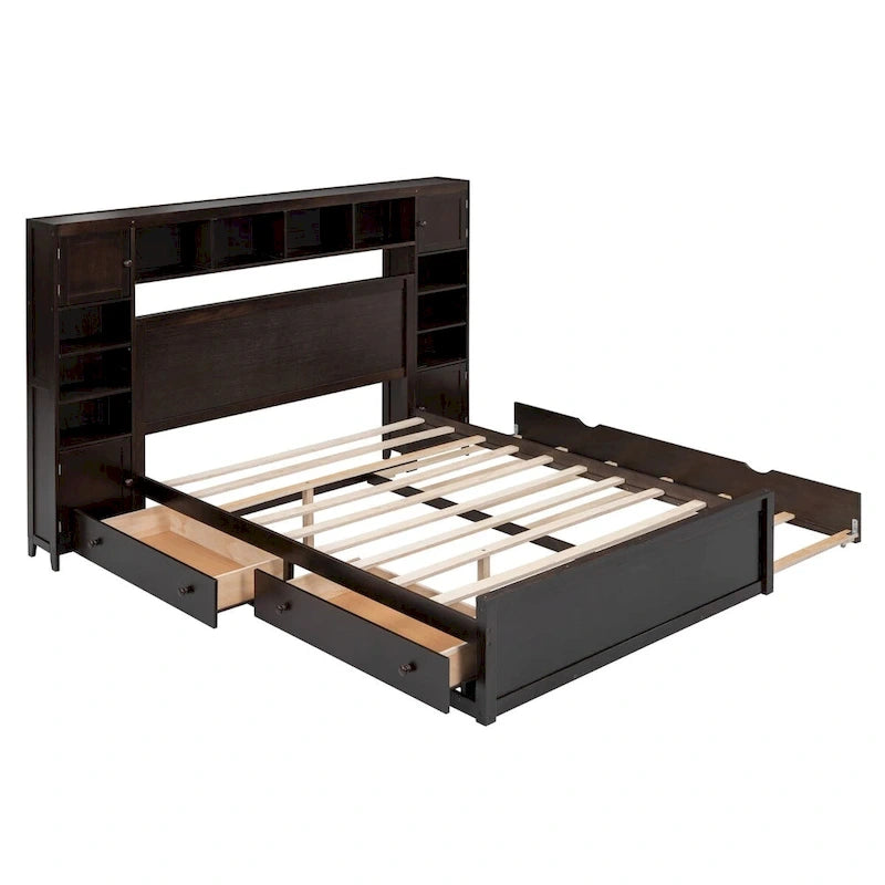 Lit double en bois avec armoire de rangement intégrée et étagères