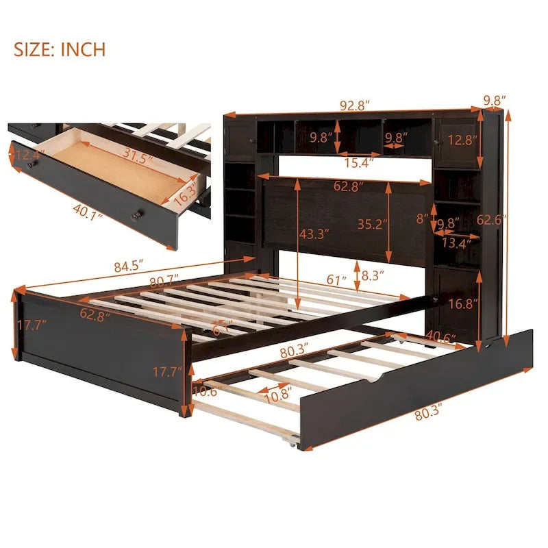 Lit double en bois avec armoire de rangement intégrée et étagères