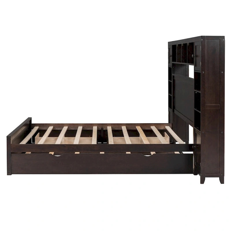 Lit double en bois avec armoire de rangement intégrée et étagères