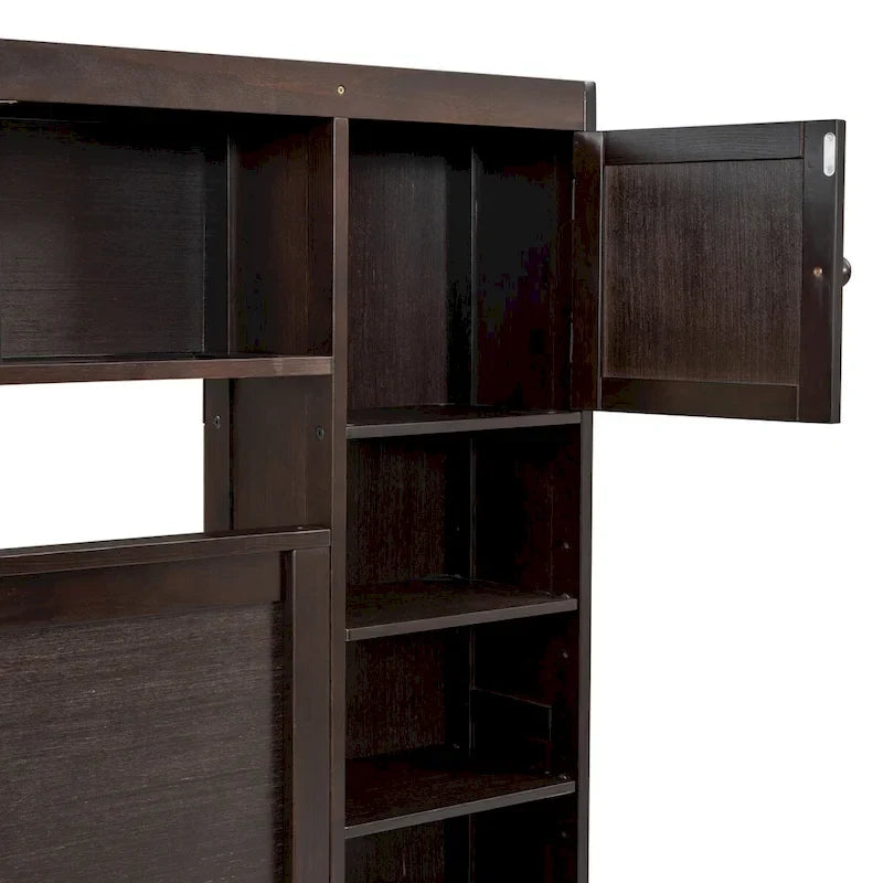 Lit double en bois avec armoire de rangement intégrée et étagères
