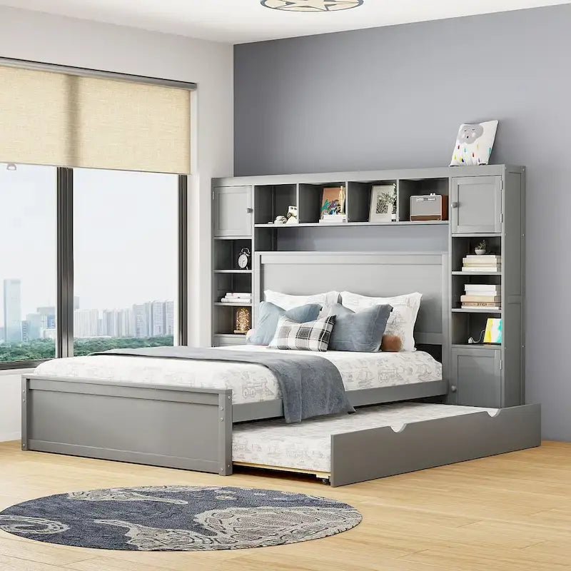Lit double en bois avec armoire de rangement intégrée et étagères