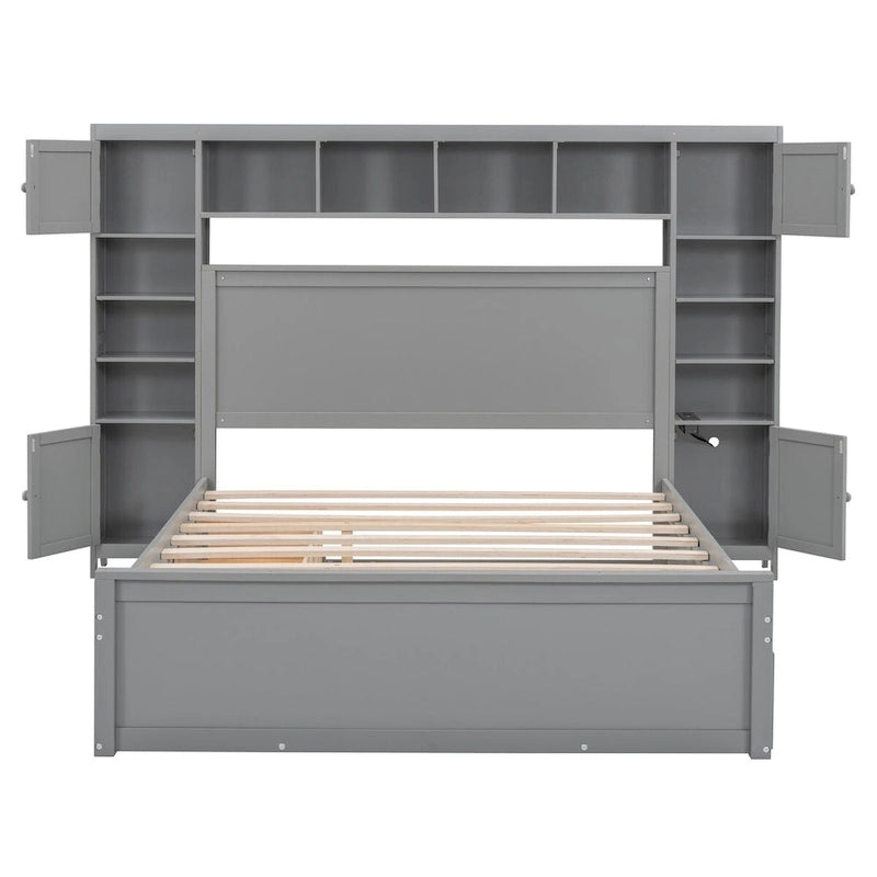 Lit double en bois avec armoire de rangement intégrée et étagères