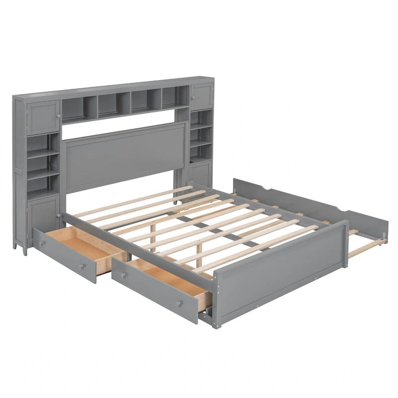 Lit double en bois avec armoire de rangement intégrée et étagères