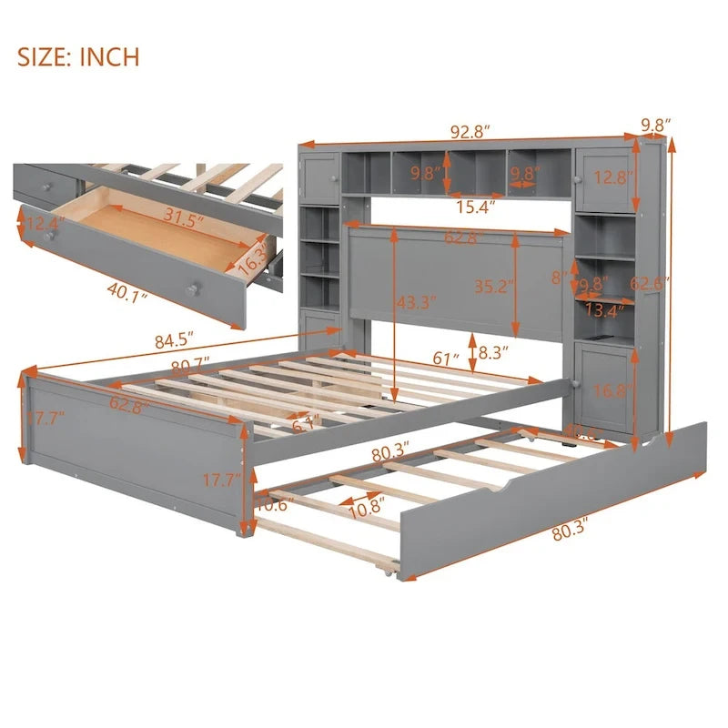 Lit double en bois avec armoire de rangement intégrée et étagères
