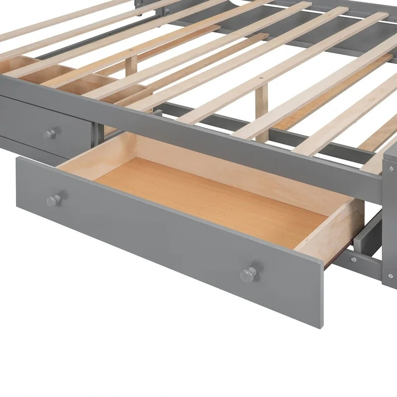 Lit double en bois avec armoire de rangement intégrée et étagères