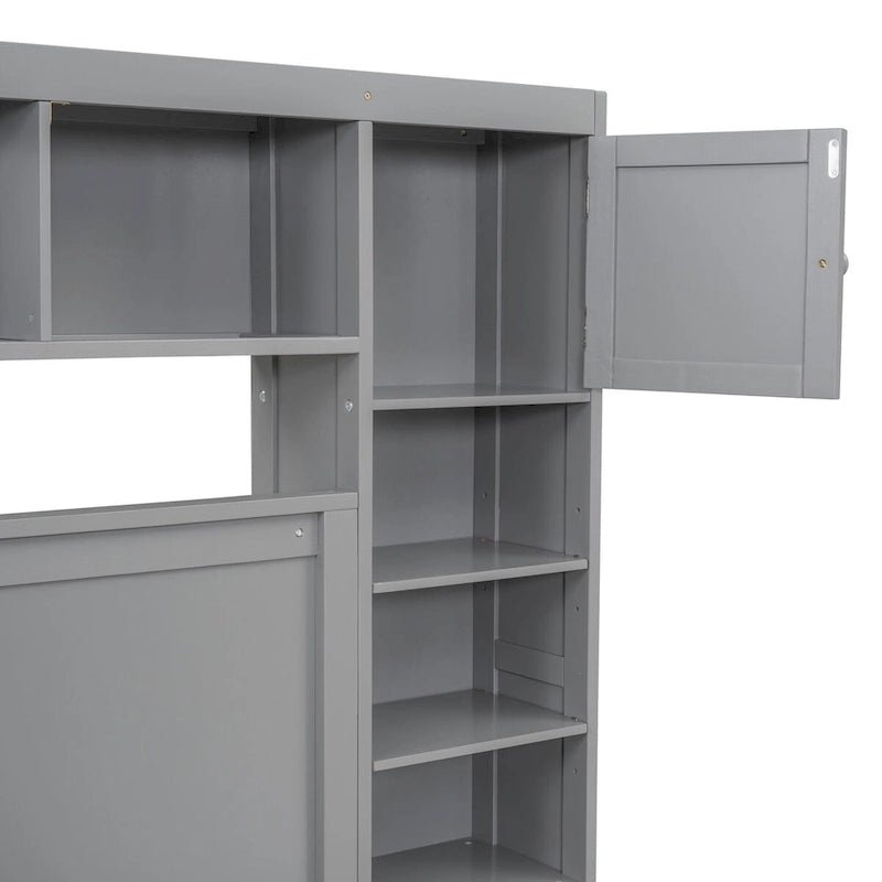 Lit double en bois avec armoire de rangement intégrée et étagères