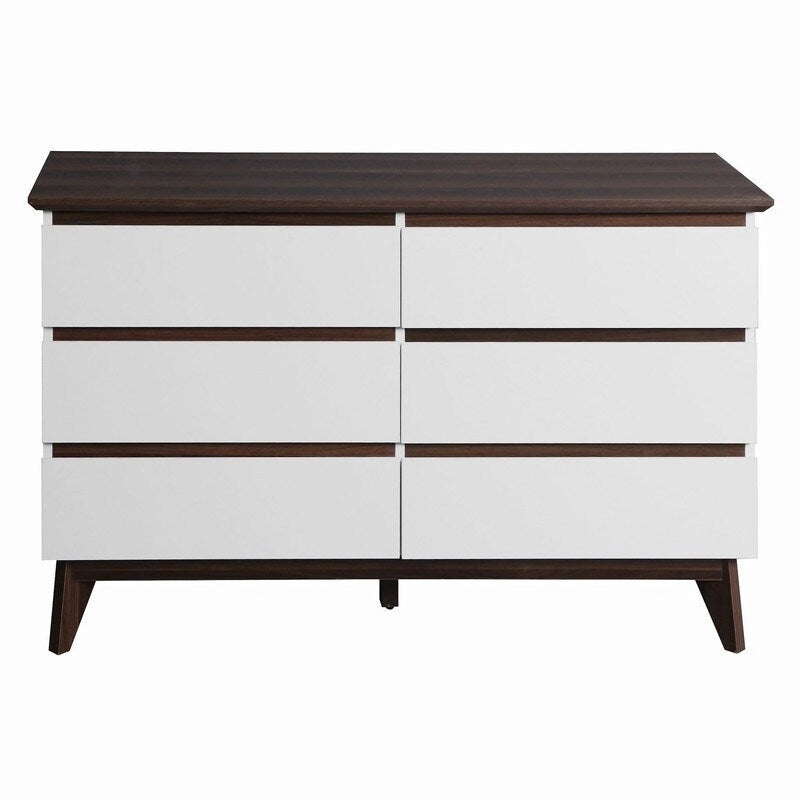Commode blanche deux tons à 6 tiroirs avec plateau en noyer foncé