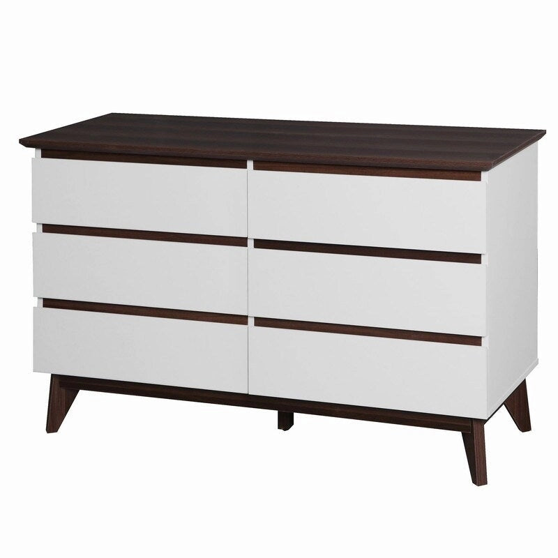 Commode blanche deux tons à 6 tiroirs avec plateau en noyer foncé
