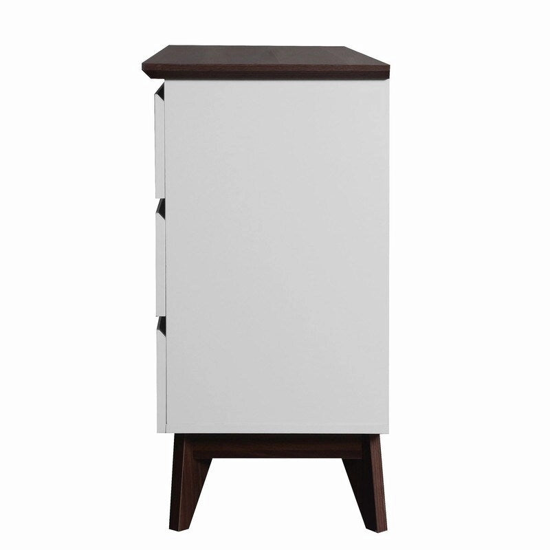 Commode blanche deux tons à 6 tiroirs avec plateau en noyer foncé