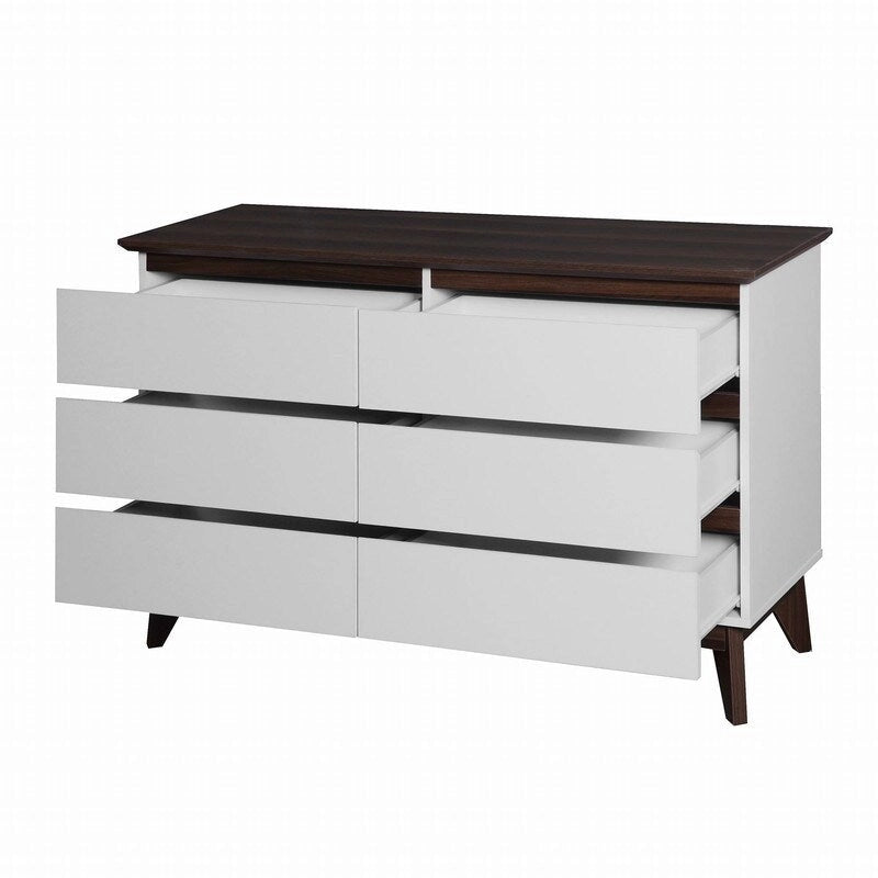Commode blanche deux tons à 6 tiroirs avec plateau en noyer foncé
