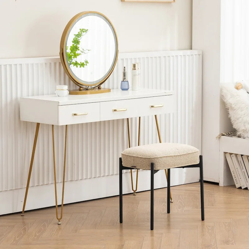 Repose-pieds ottoman touffeté en velours avec pieds en métal, gris foncé et beige