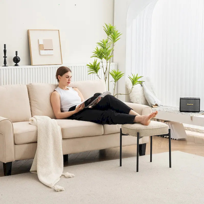 Repose-pieds ottoman touffeté en velours avec pieds en métal, gris foncé et beige