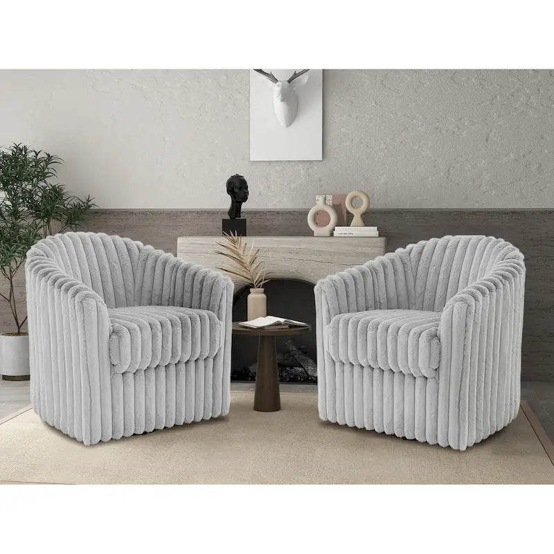 Channel Tufted Plush Barrel Swivel Accent Chair, White