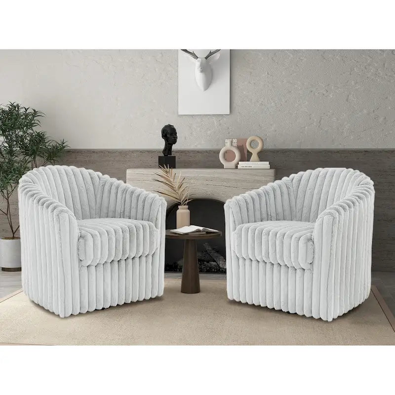 Channel Tufted Plush Barrel Swivel Accent Chair, White