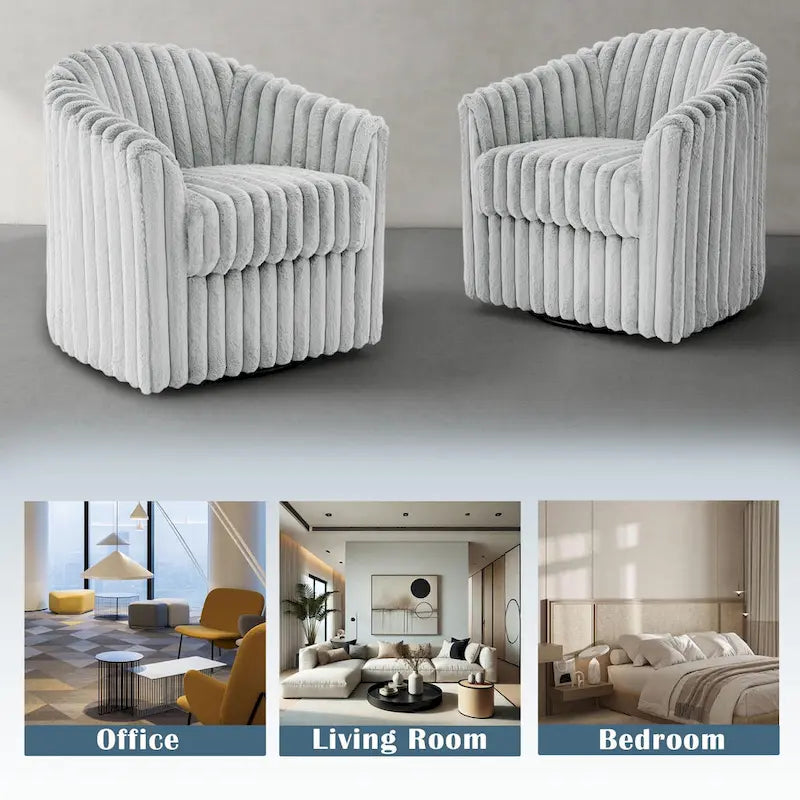 Channel Tufted Plush Barrel Swivel Accent Chair, White