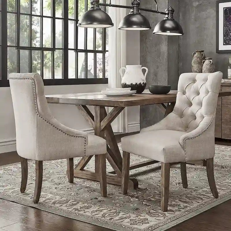 Chaise de salle à manger en lin capitonnée à dossier incurvé avec clous décoratifs, Beige / Gris / Gris foncé