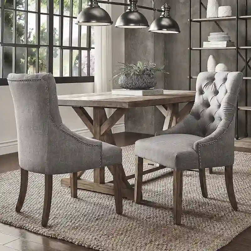 Chaise de salle à manger en lin capitonnée à dossier incurvé avec clous décoratifs, Beige / Gris / Gris foncé