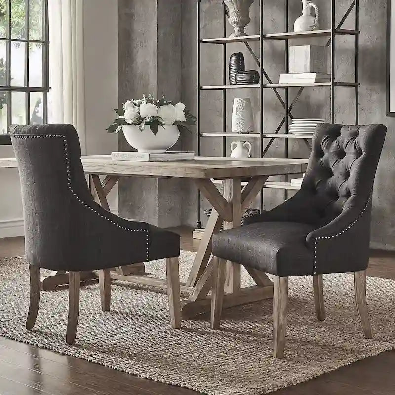 Chaise de salle à manger en lin capitonnée à dossier incurvé avec clous décoratifs, Beige / Gris / Gris foncé