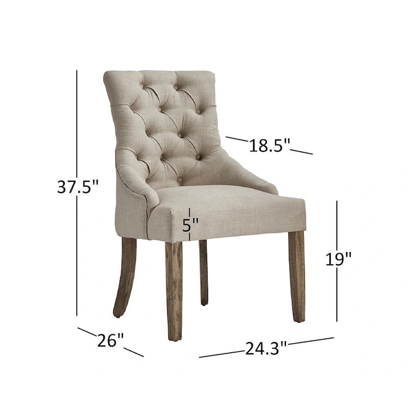 Chaise de salle à manger en lin capitonnée à dossier incurvé avec clous décoratifs, Beige / Gris / Gris foncé
