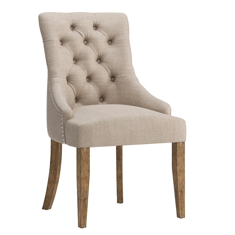 Chaise de salle à manger en lin capitonnée à dossier incurvé avec clous décoratifs, Beige / Gris / Gris foncé