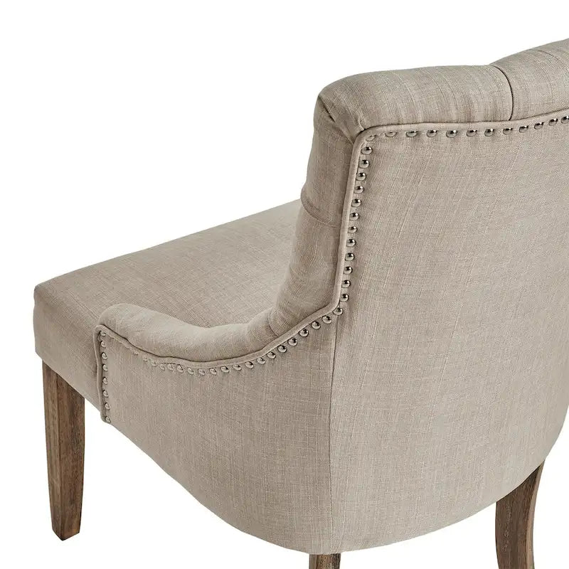 Chaise de salle à manger en lin capitonnée à dossier incurvé avec clous décoratifs, Beige / Gris / Gris foncé