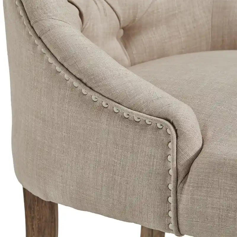 Chaise de salle à manger en lin capitonnée à dossier incurvé avec clous décoratifs, Beige / Gris / Gris foncé