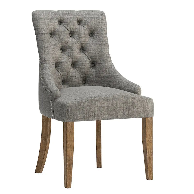 Chaise de salle à manger en lin capitonnée à dossier incurvé avec clous décoratifs, Beige / Gris / Gris foncé