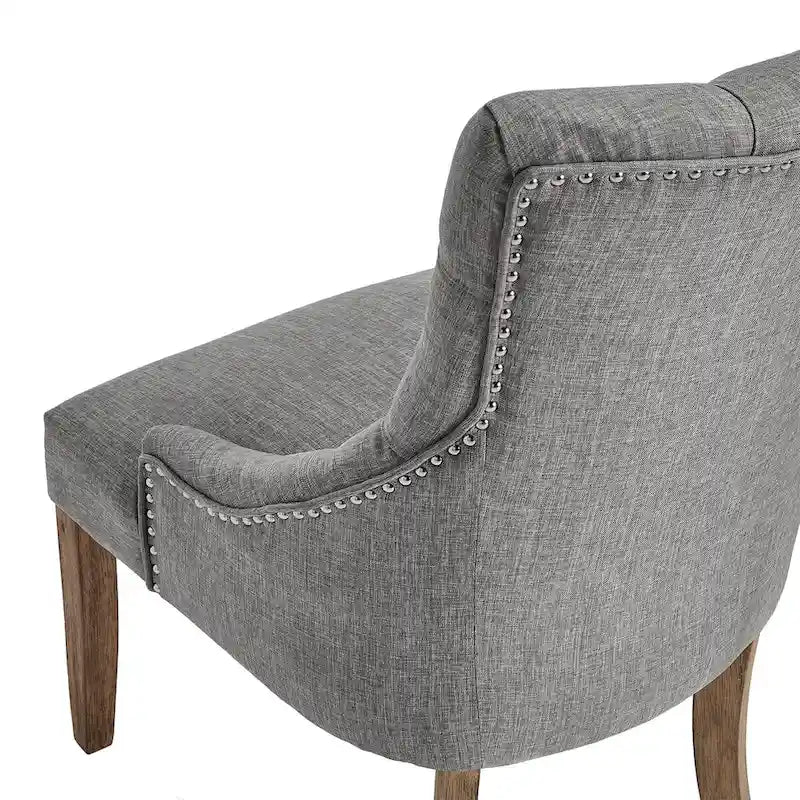 Chaise de salle à manger en lin capitonnée à dossier incurvé avec clous décoratifs, Beige / Gris / Gris foncé
