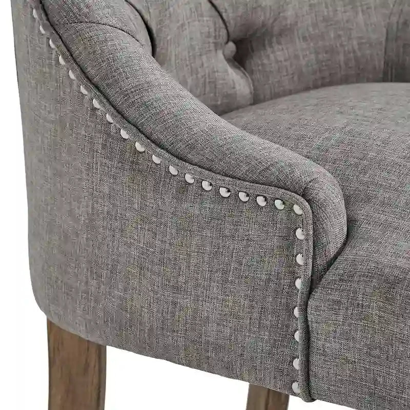 Chaise de salle à manger en lin capitonnée à dossier incurvé avec clous décoratifs, Beige / Gris / Gris foncé