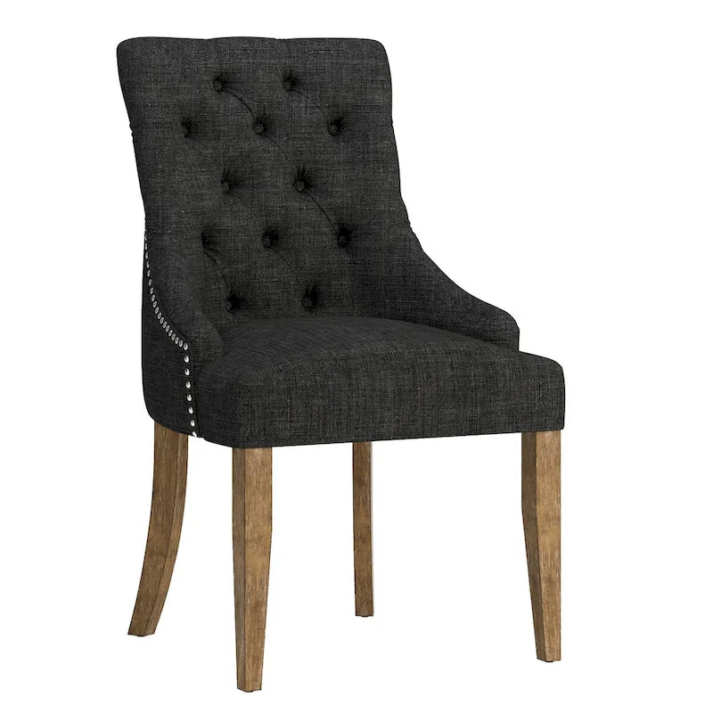 Chaise de salle à manger en lin capitonnée à dossier incurvé avec clous décoratifs, Beige / Gris / Gris foncé