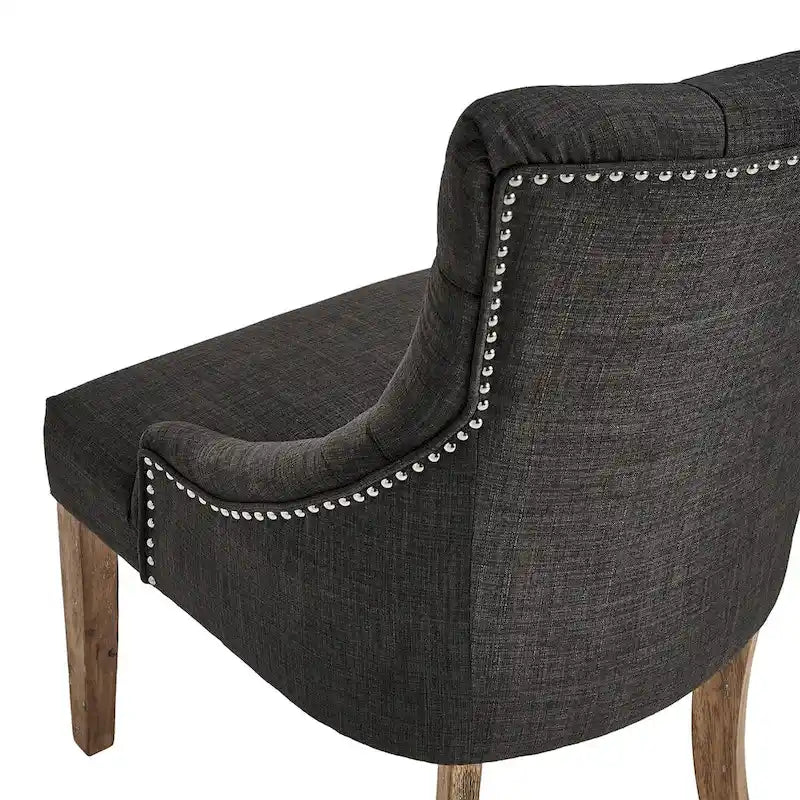 Chaise de salle à manger en lin capitonnée à dossier incurvé avec clous décoratifs, Beige / Gris / Gris foncé