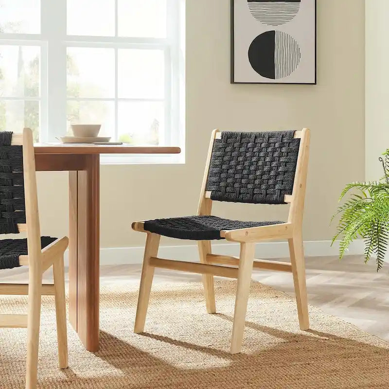 Chaise de salle à manger latérale moderne en corde tressée, cadre en bois d'hévéa, tissage panier noir naturel