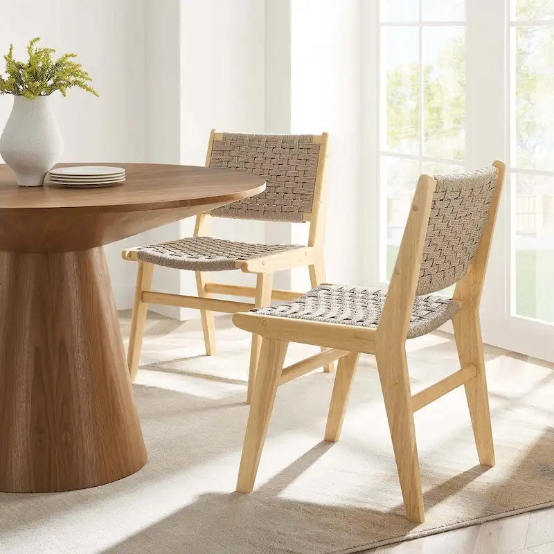 Chaise de salle à manger latérale moderne en corde tressée, cadre en bois d'hévéa, tissage panier noir naturel