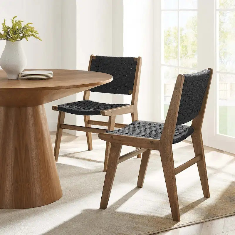 Chaise de salle à manger latérale moderne en corde tressée, cadre en bois d'hévéa, tissage panier noir naturel