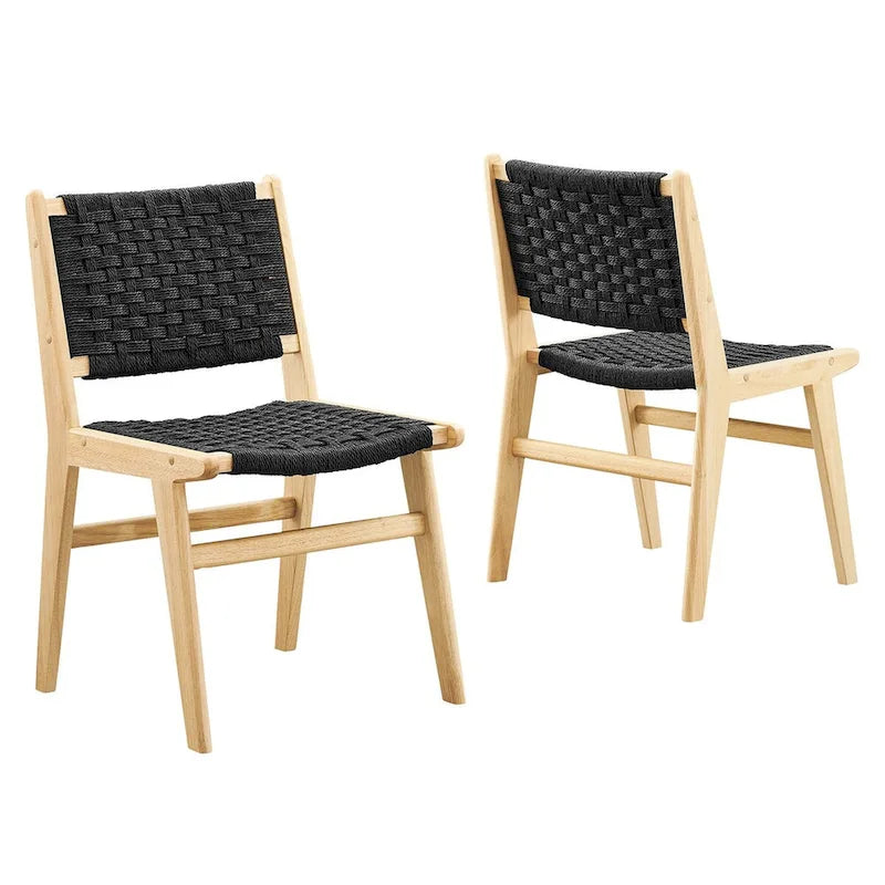 Chaise de salle à manger latérale moderne en corde tressée, cadre en bois d'hévéa, tissage panier noir naturel