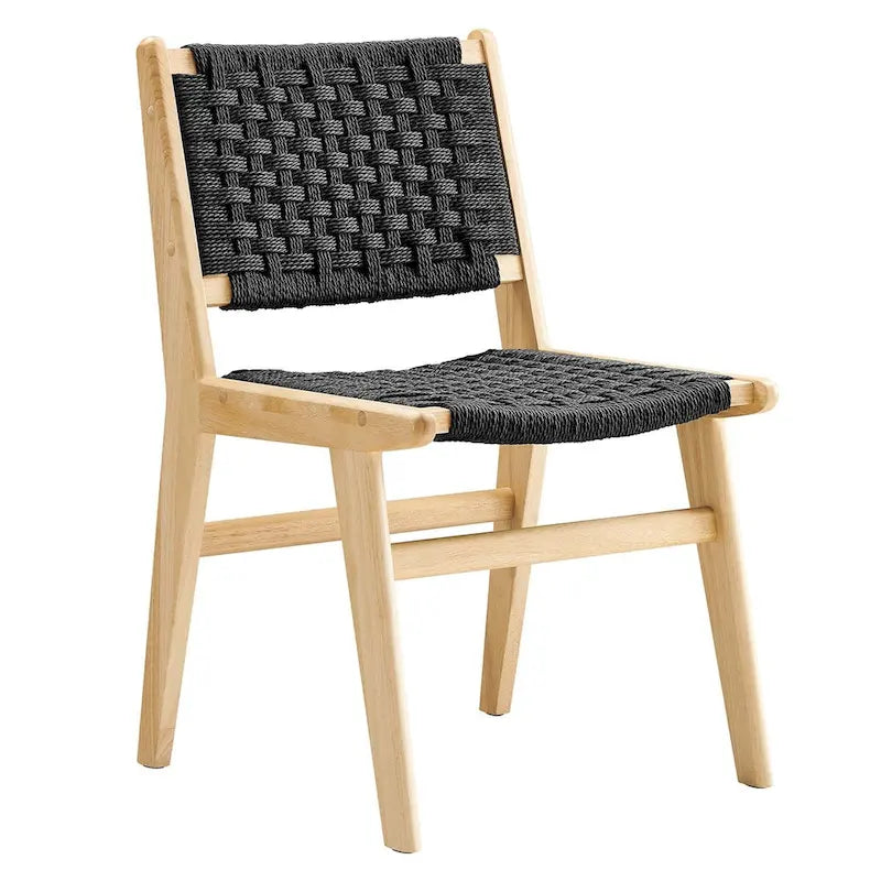 Chaise de salle à manger latérale moderne en corde tressée, cadre en bois d'hévéa, tissage panier noir naturel