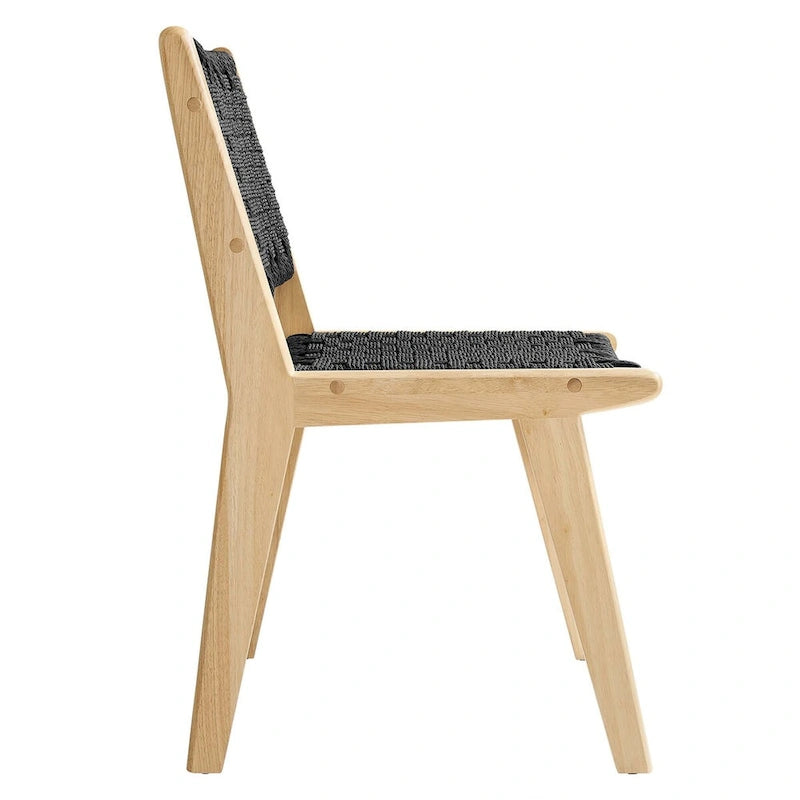 Chaise de salle à manger latérale moderne en corde tressée, cadre en bois d'hévéa, tissage panier noir naturel