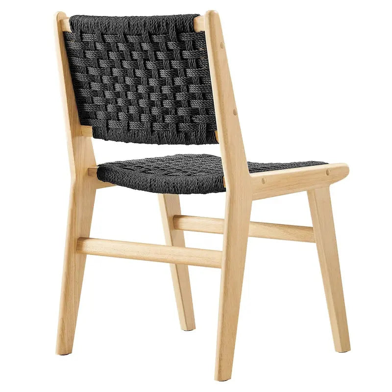 Chaise de salle à manger latérale moderne en corde tressée, cadre en bois d'hévéa, tissage panier noir naturel