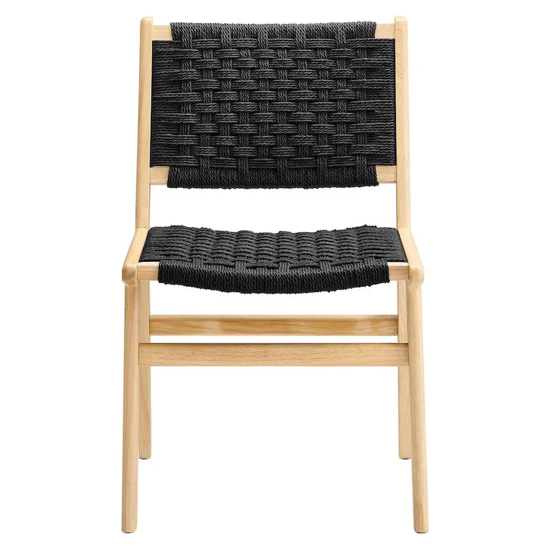 Chaise de salle à manger latérale moderne en corde tressée, cadre en bois d'hévéa, tissage panier noir naturel