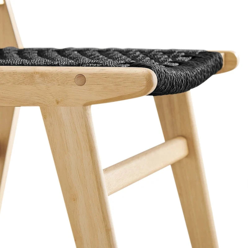 Chaise de salle à manger latérale moderne en corde tressée, cadre en bois d'hévéa, tissage panier noir naturel