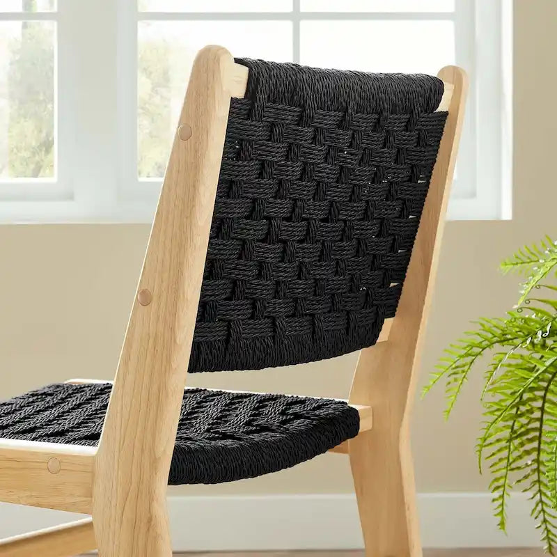 Chaise de salle à manger latérale moderne en corde tressée, cadre en bois d'hévéa, tissage panier noir naturel