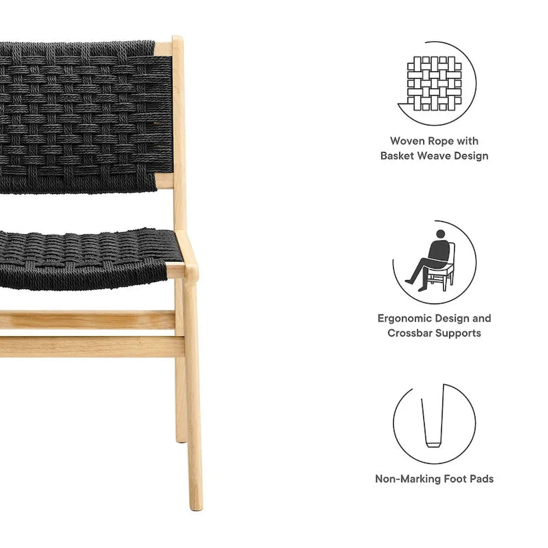Chaise de salle à manger latérale moderne en corde tressée, cadre en bois d'hévéa, tissage panier noir naturel