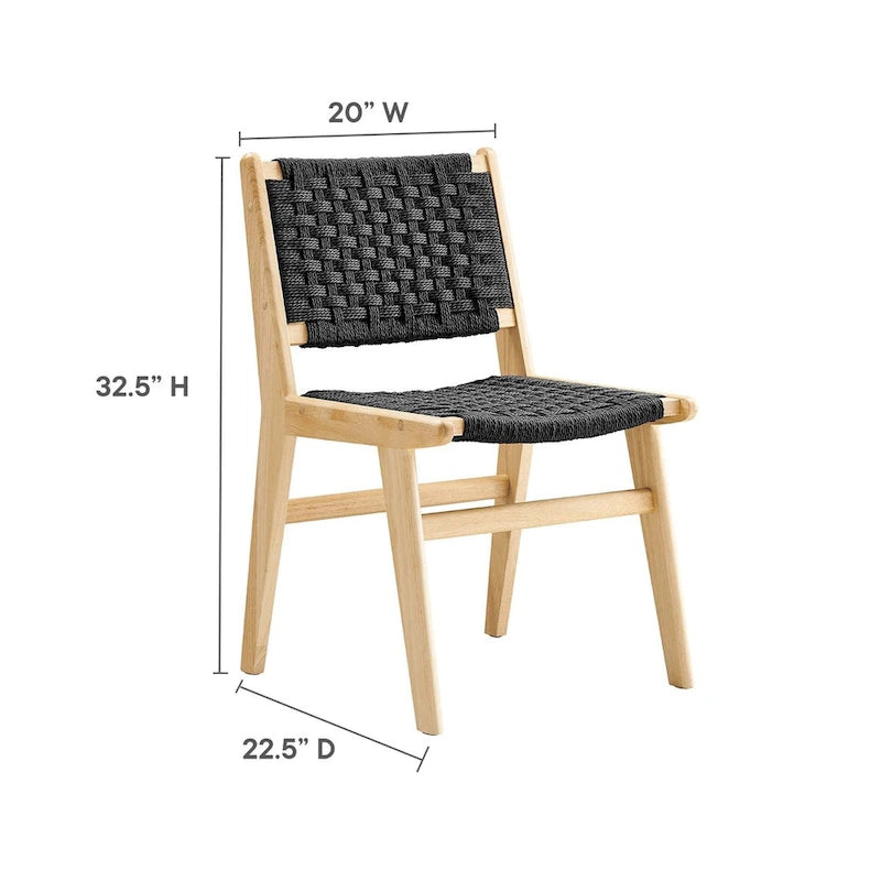 Chaise de salle à manger latérale moderne en corde tressée, cadre en bois d'hévéa, tissage panier noir naturel