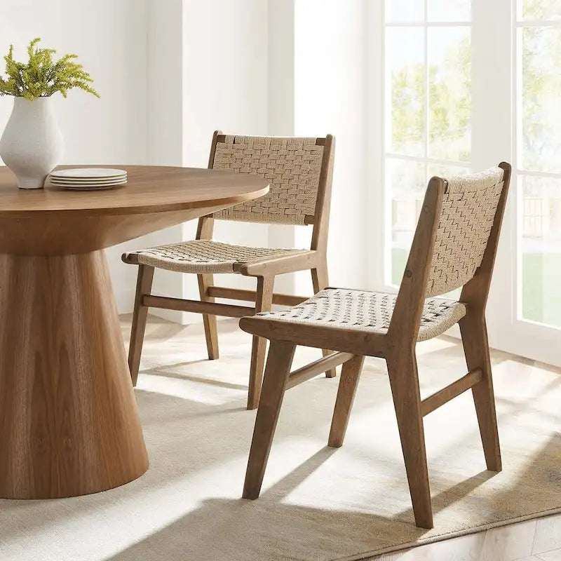 Chaise de salle à manger latérale moderne en corde tressée, cadre en bois d'hévéa, tissage panier noir naturel