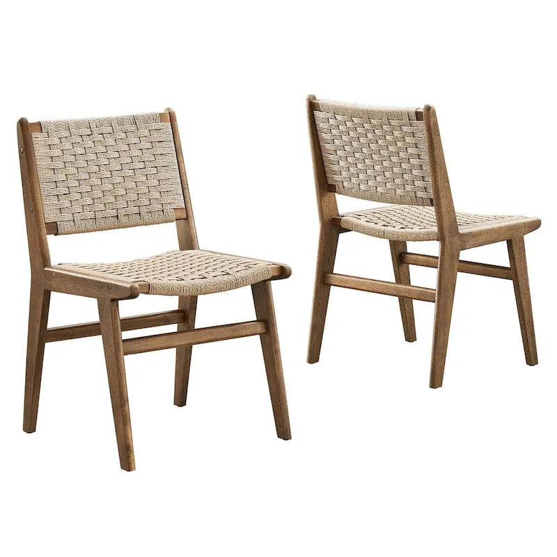 Chaise de salle à manger latérale moderne en corde tressée, cadre en bois d'hévéa, tissage panier noir naturel