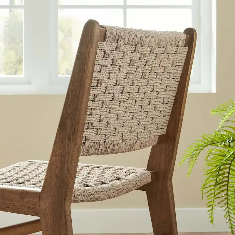 Chaise de salle à manger latérale moderne en corde tressée, cadre en bois d'hévéa, tissage panier noir naturel