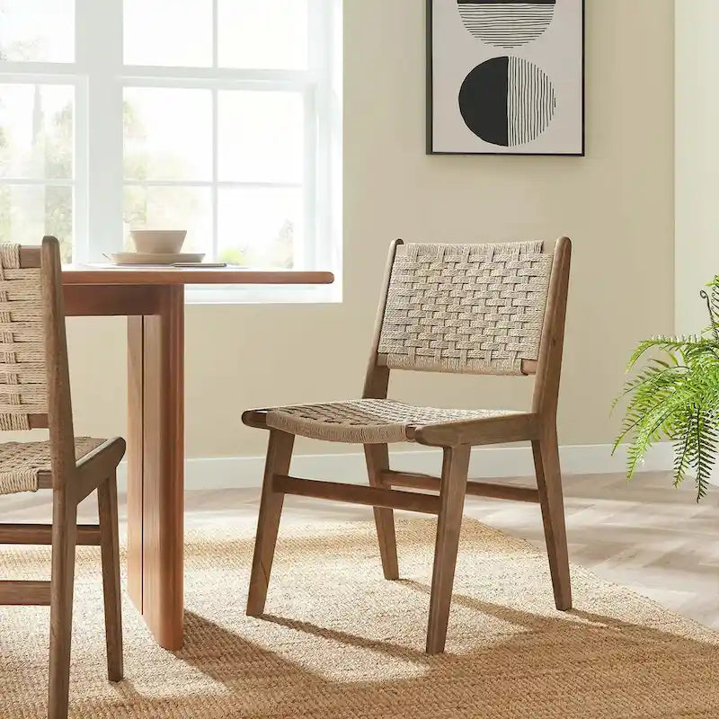 Chaise de salle à manger latérale moderne en corde tressée, cadre en bois d'hévéa, tissage panier noir naturel
