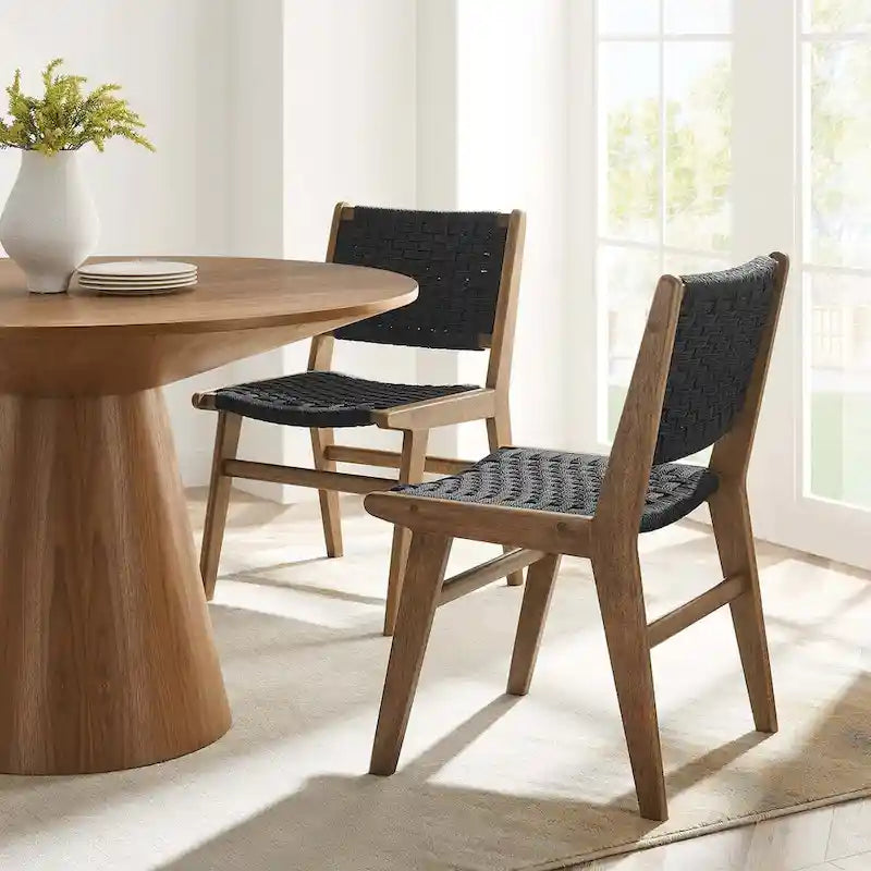 Chaise de salle à manger latérale moderne en corde tressée, cadre en bois d'hévéa, tissage panier noir naturel