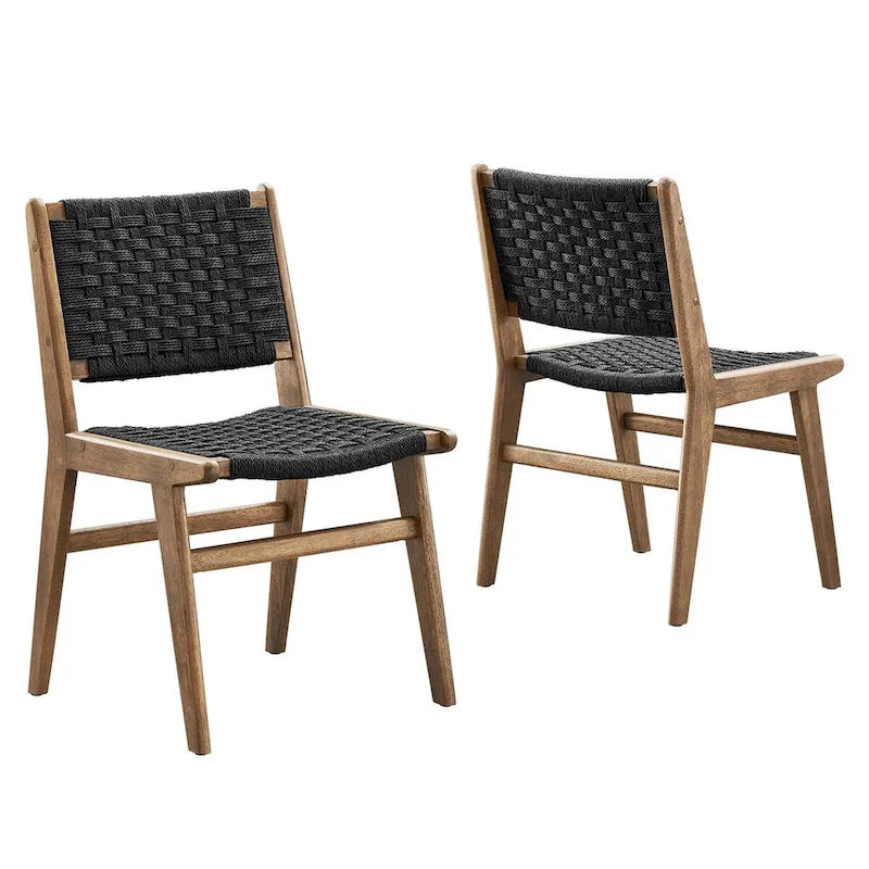 Chaise de salle à manger latérale moderne en corde tressée, cadre en bois d'hévéa, tissage panier noir naturel