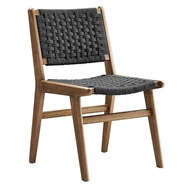 Chaise de salle à manger latérale moderne en corde tressée, cadre en bois d'hévéa, tissage panier noir naturel